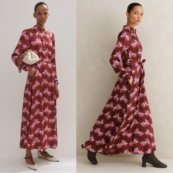 ME+EM Printed Textured Satin Maxi Dress Size 10 Burgundy Waterlily Print - Picture 2 of 12